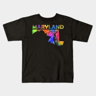 Colorful mandala art map of Maryland with text in multicolor pattern Kids T-Shirt